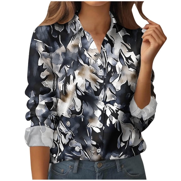 Stamzod Spring Tops for Women Fashion Floral Printed Turndown Long Sleeve Button Down Shirt Loungewear Fall Casual Ladies Tops and Blouses Black B S