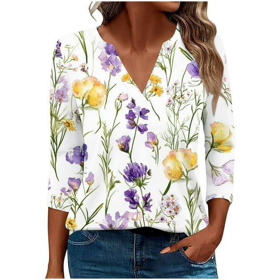 Stamzod Spring Tops for Women Fashion Floral Printed V Neck 3/4 Sleeve Tops Loungewear Casual Loose Plus Size Shirts for Women Yellow M