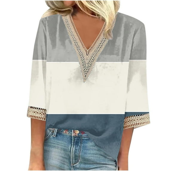 Stamzod Spring Tops for Women Fashion Patchwork V Neck 3/4 Length Sleeve Womens Tops Casual Loose Lightweight Tops & Blouses Gray B XXXL