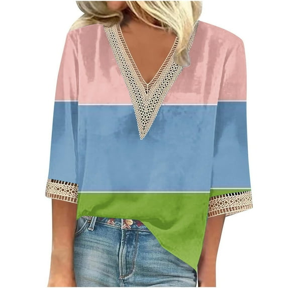 Stamzod Spring Tops for Women Fashion Patchwork V Neck 3/4 Length Sleeve Womens Tops Casual Loose Lightweight Tops & Blouses Pink B XXXXL