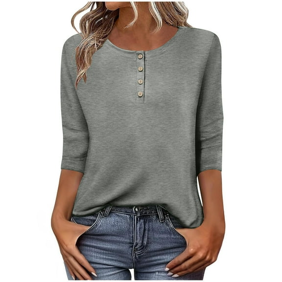 Stamzod Spring Tops for Women Fashion Solid Color Crewneck Lightweight Tops & Blouses Casual Loose 3/4 Sleeve Tops for Women Gray XL