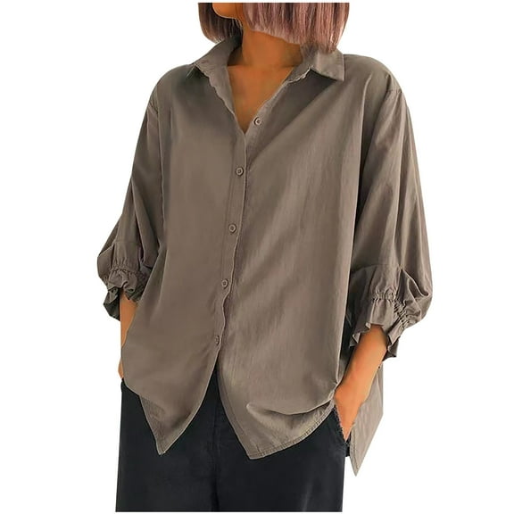 Stamzod Spring Tops for Women Fashion Solid Color Summer 3/4 Sleeve Button Up Shirt Women Plus Size Casual Cotton Shirts for Women Brown XXL