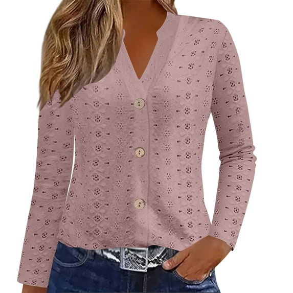 Stamzod Spring Tops for Women Fashion Solid Color V Neck Long Sleeve Blouses Loungewear Casul Loose Lightweight Tops & Blouses Pink L
