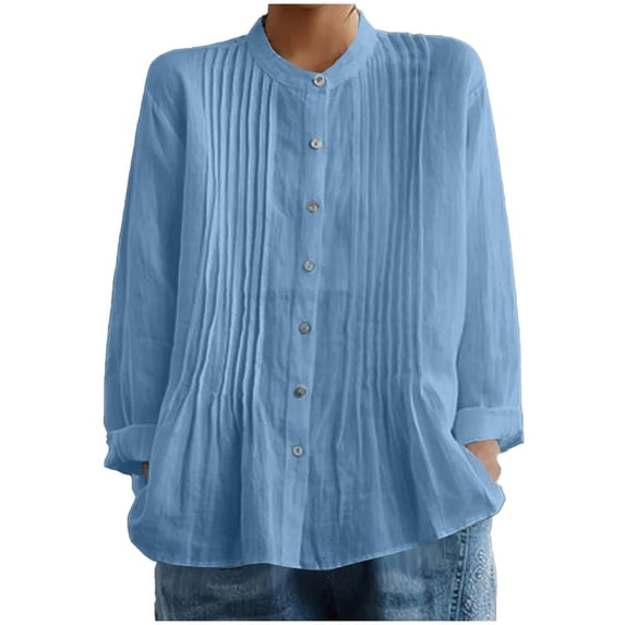 Stamzod Spring Tops for Women Trendy 2026 Solid Color Crew Neck Cotton Linen Shirts Summer Casual Button Up Shirt Women Vacation Outfits Light Blue L