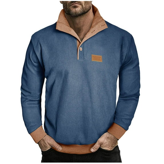 Stamzod Stand Collar Sweatshirts for Men Fashion Patchwork Casual Sweatshirt with Button Corduroy Long Sleeve Pullover Tops Blue-2 XXL