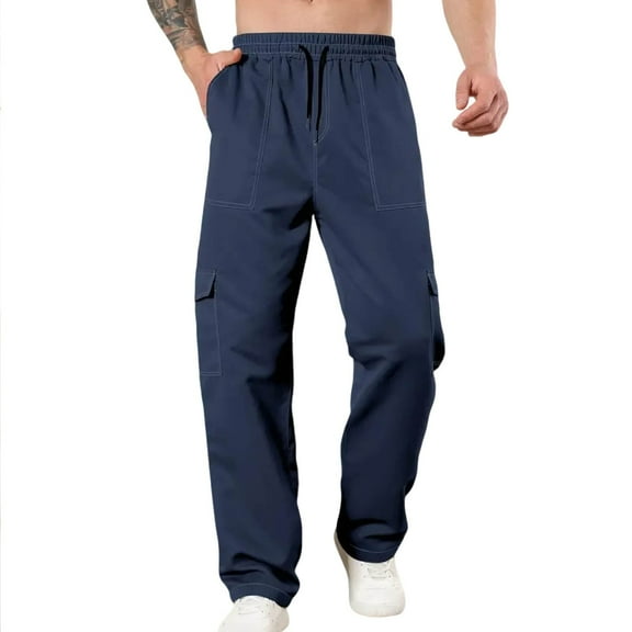 Stamzod Straight Sweatpants for Men Solid Color Elastic Waist Athletic Cargo Pants with Pocket Casual Loose Jogging Trousers for Men Navy M