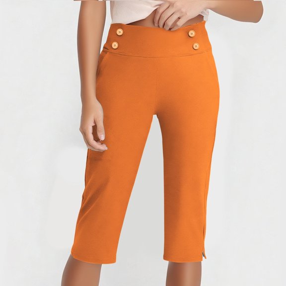 Stamzod Stretch Cropped Pants for Women Summer Solid Color Elastic Waist Yoga Capri Pants Casual Slim Fit Straight Capris for Women with Pocket Orange B M