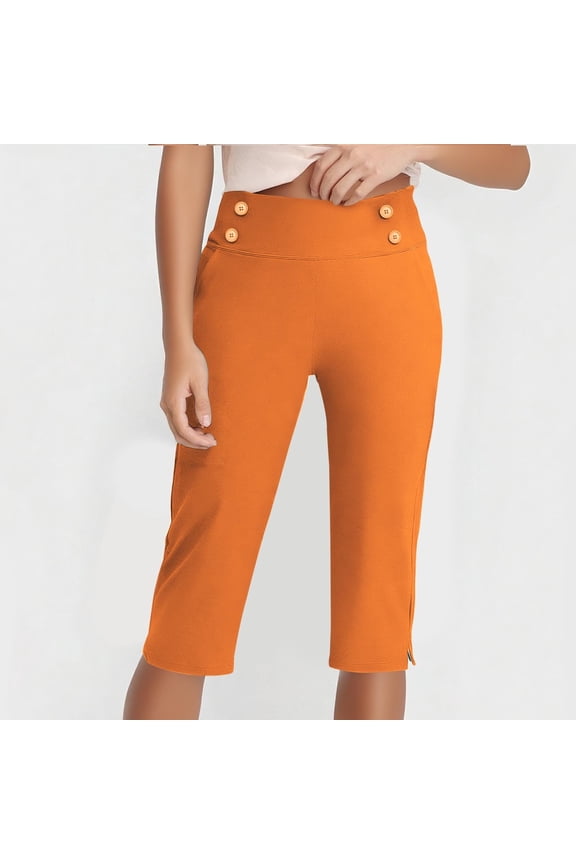 Stretch Cropped Pants for Women Summer Solid Color Elastic Waist Yoga Capri Pants Casual Slim Fit Straight Capris for Women with Pocket Orange B XXL