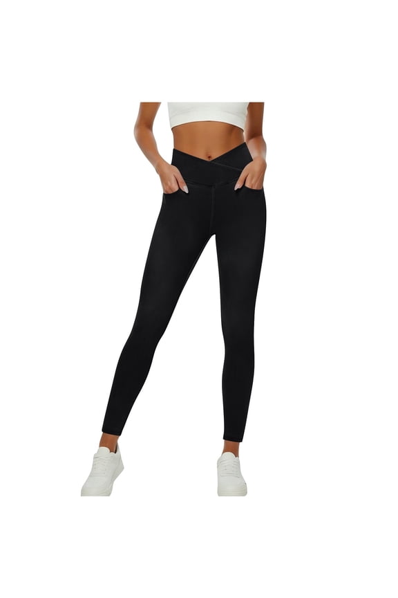 Stretchy Jeans for Women Crossover High Waist Jeggings Tummy Control Skinny Jeans Pull On Leggings with Pockets Black S