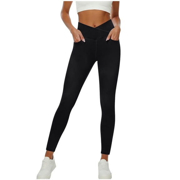 Stamzod Stretchy Jeans for Women Crossover High Waist Jeggings Tummy Control Skinny Jeans Pull On Leggings with Pockets Black S