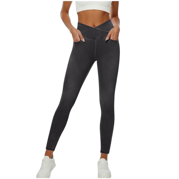 Stamzod Stretchy Jeans for Women Crossover High Waist Jeggings Tummy Control Skinny Jeans Pull On Leggings with Pockets Dark Gray M