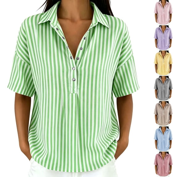 Stamzod Striped Tops for Women Trendy Fashion V-Neck Short Sleeve T-Shirts Plus Size Dressy Casual Blouses Yellow C XXL