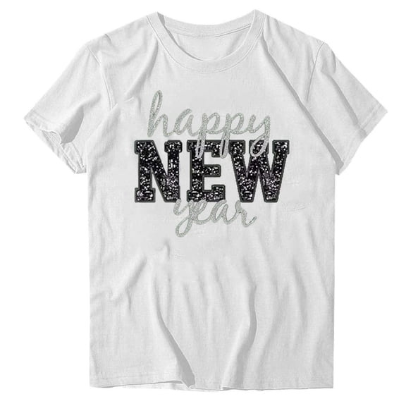 Stamzod Summer Basic Tees for Women Casual Loose New Year Eve Holiday Tshirt Women Round Neck Short Sleeve Shirts White B XXL