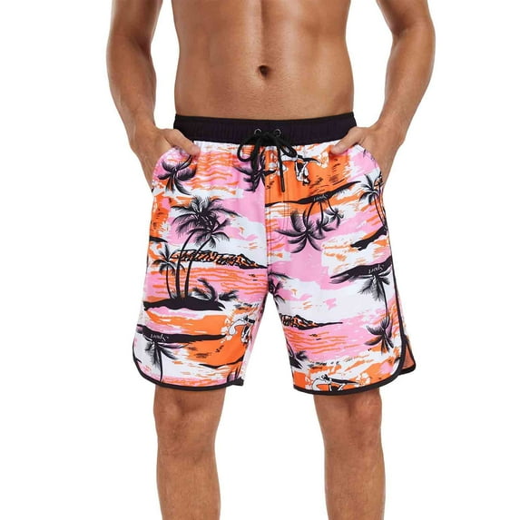 Stamzod Summer Bathing Suit Men 2026 Trendy Tropical Print Drawstring Swim Trunks Casual Vacation Beach Shorts for Men with Pocket Pink-1 XXXL