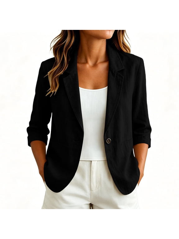 Summer Blazers for Women Lightweight Cotton Linen Dress Jacket Blazer Dressy Casual Long Sleeve Office Work Jackets Black M
