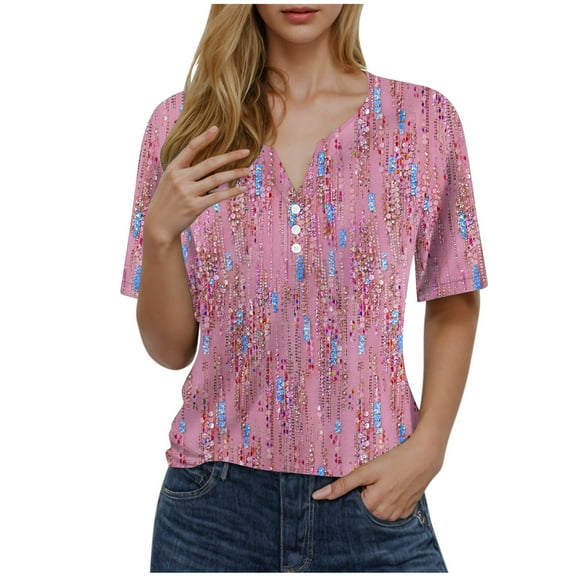 Stamzod Summer Blouses for Women 2025 Fashion Floral Printed V Neck Short Sleeve Pullover Tops Daily Casual Loose Plus Size Shirts for Women Trendy Pink B M