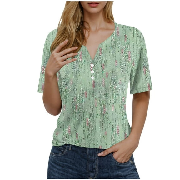 Stamzod Summer Blouses for Women 2025 Fashion Floral Printed V Neck Short Sleeve Pullover Tops Daily Casual Loose Plus Size Shirts for Women Trendy Green B XL