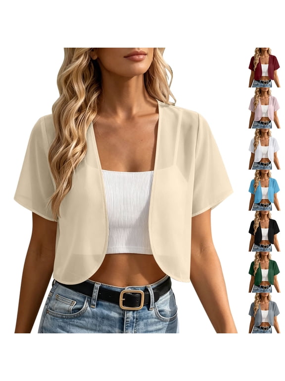 Summer Cardigans for Women Lightweight Open Front Short Sleeve Bolero Shrug Plus Size Chiffon Cropped Cardigan White XXXL
