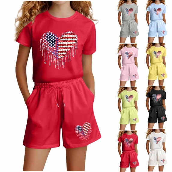 Stamzod Summer Clothes for Girls American Flag Short Sleeve Tshirts and Casual Shorts Set with Pockets Girls 2 Piece Outfits Red B 7-8 Years