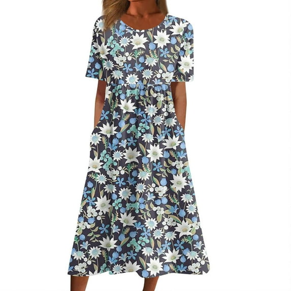 Stamzod Summer Dress with Pocket Crew Neck Short Sleeve Floral Long Dress Casual Loose Fit Beach Vacation Clothes for Women Multicolor D M