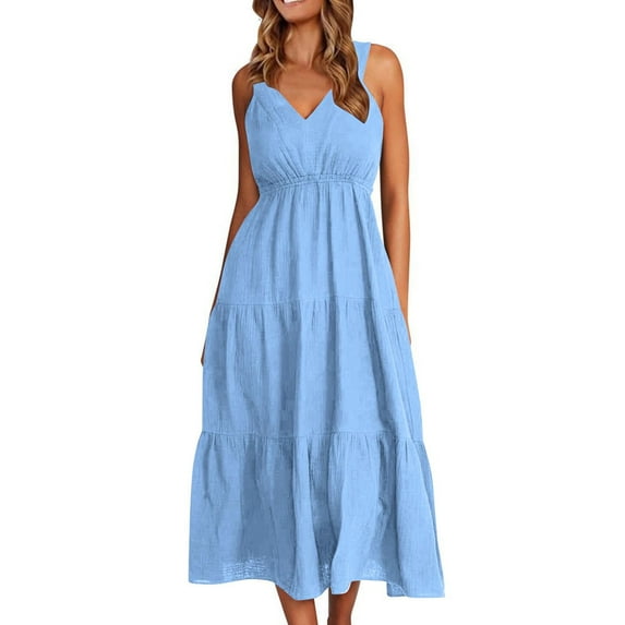 Stamzod Summer Dress Solid Color V Neck Sleeveless Ruched Tiered Midi Dress High Waist Beach Casual Dresses for Women on Clearance Light Blue XXL
