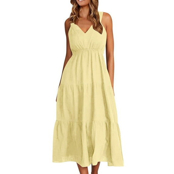 Stamzod Summer Dress Solid Color V Neck Sleeveless Ruched Tiered Midi Dress High Waist Beach Casual Dresses for Women Yellow M