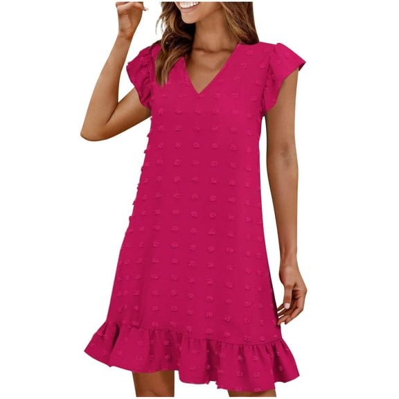 Stamzod Summer Dresses for Women 2025 Fashion Solid Color V-Neck Cap Sleeve Ruffle Knee Length Dress Casual Loose Fit A-Line Dresses for Women Hot Pink S