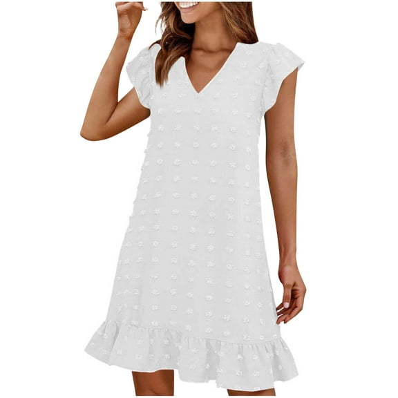 Stamzod Summer Dresses for Women 2025 Fashion Solid Color V-Neck Cap Sleeve Ruffle Knee Length Dress Casual Loose Fit A-Line Dresses for Women White XXL