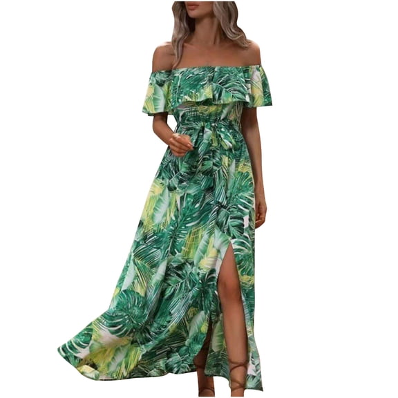 summer dresses for women 2025 fashion tropical printing Short Ruffle Sleeve Off The Shoulder Split midi dress with drawstring casual beach dresses for women Green XL