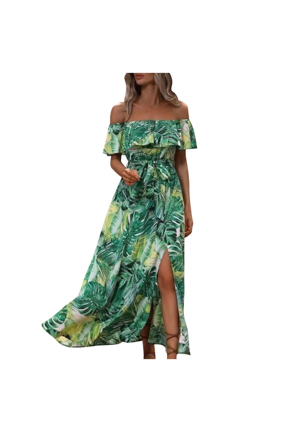 summer dresses for women 2025 fashion tropical printing Short Ruffle Sleeve Off The Shoulder Split midi dress with drawstring casual beach dresses for women Green L