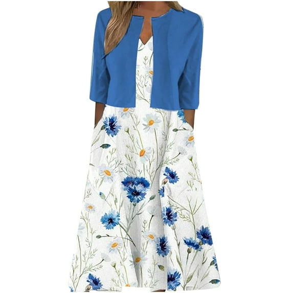 Stamzod Summer Dresses for Women 2025 V-Neck A Line Tank Floral Dress and Half Sleeve Solid Color Coat Set Elegant Two Piece Sets for Women on Clearance Blue-1 L