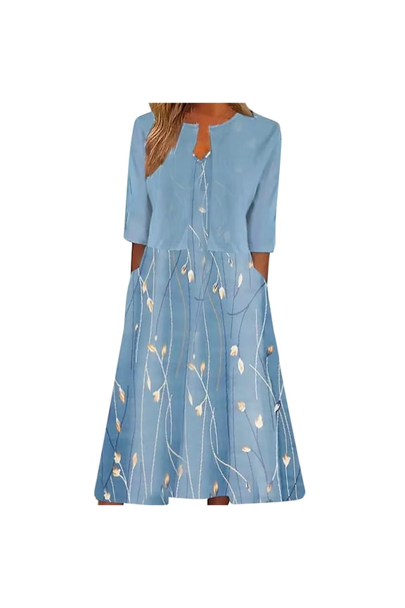 Summer Dresses for Women 2025 V-Neck A Line Tank Floral Dress and Half Sleeve Cardigan Solid Color Coat Set Elegant Two Piece Sets for Women Light Blue-1 L