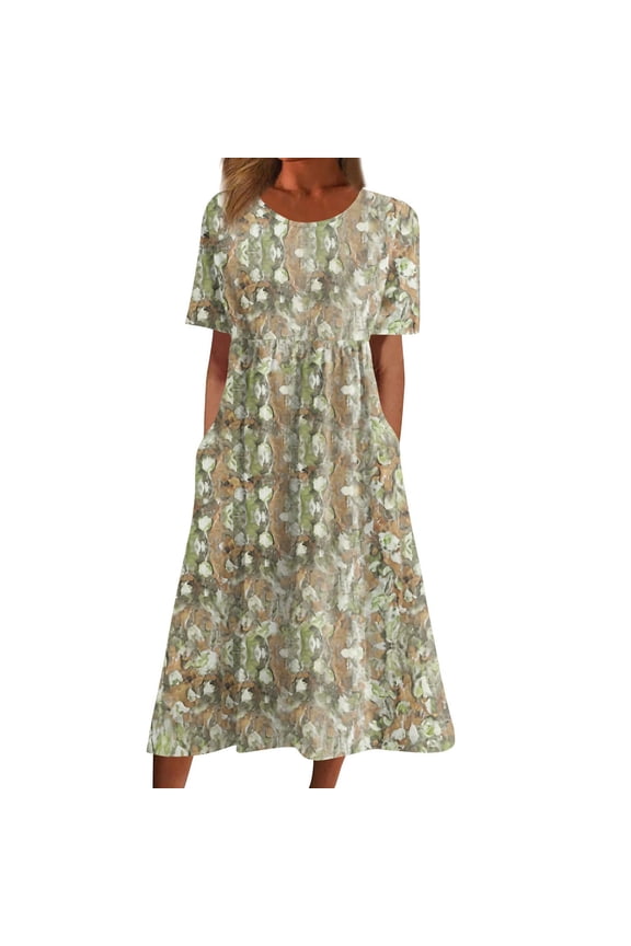 Summer Dresses for Women 2025 Short Sleeve Round Neck Midi Dresses with Pocket Casual Loose Fit Floral Dress for Women Khaki S