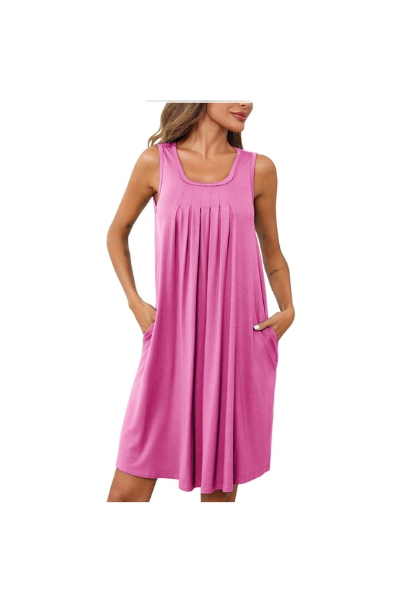 Summer Dresses for Women 2025 Sleeveless Solid Color Beach Sundress Pleated Ruffle Hem Casual Loose Tank Tshirt Dress with Pockets