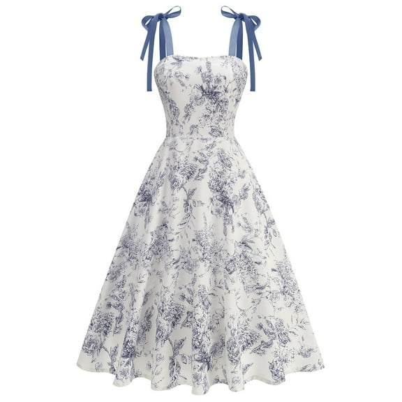 Stamzod Summer Dresses for Women 2025 Square Neck Sleeveless A-Line Floral Dress Elegant Strap Midi Dresses for Women White L