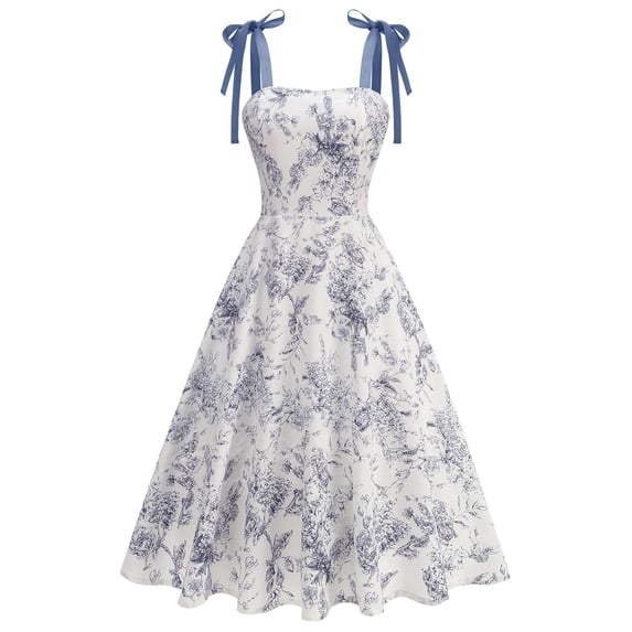 Stamzod Summer Dresses for Women 2025 Square Neck Sleeveless A-Line Floral Dress Elegant Strap Midi Dresses for Women White L