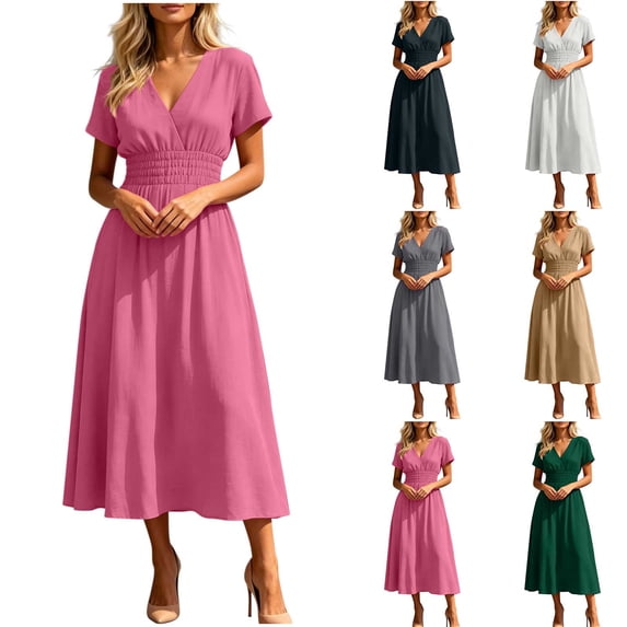Stamzod Summer Dresses for Women 2026 Casual V Neck Pleated Wedding Guest Dress Short Sleeve A-Line Flowy Elegant Dresses White L