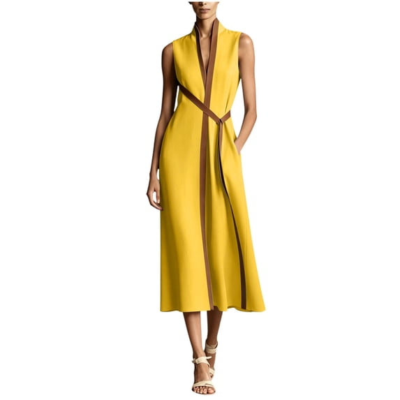 Stamzod Summer Dresses for Women 2026 Fashion Color Block V-Neck Midi Dress Business Casual Flowy Dress Beach Clothes Yellow XXL