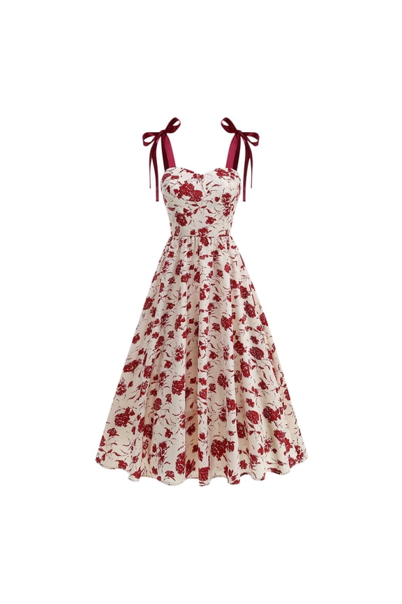 Summer Dresses for Women Floral Tea Party Midi Evening Dress Elegant Wedding Guest Red C L