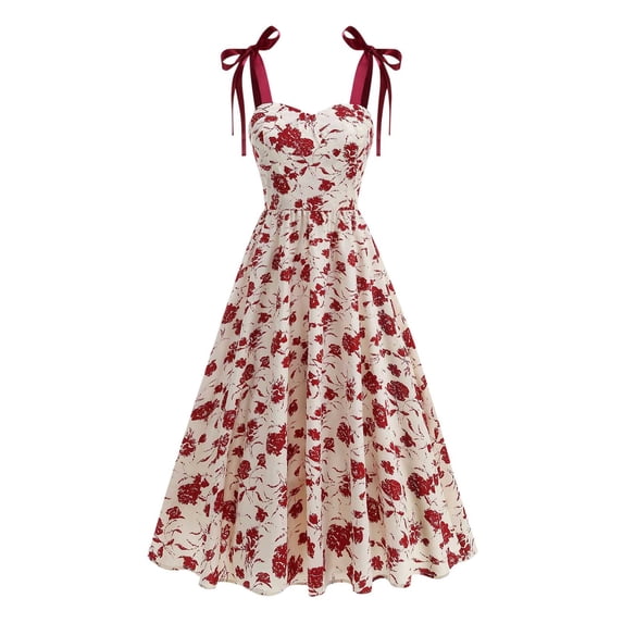 Stamzod Summer Dresses for Women Floral Tea Party Midi Evening Dress Elegant Wedding Guest Red C XL