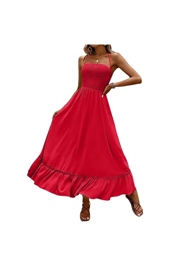 Summer Dresses for Women Halter Sleeveless Long Maxi Dress A-Line Casual Beach Swing Sundresses Red M