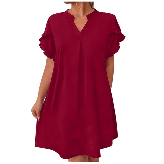 Stamzod Summer Dresses for Women Solid Color V-Neck Casual Dress Ruched Short Sleeve Dresses for Women Plus Size Beach Vacation Clothes Wine XXXXXL