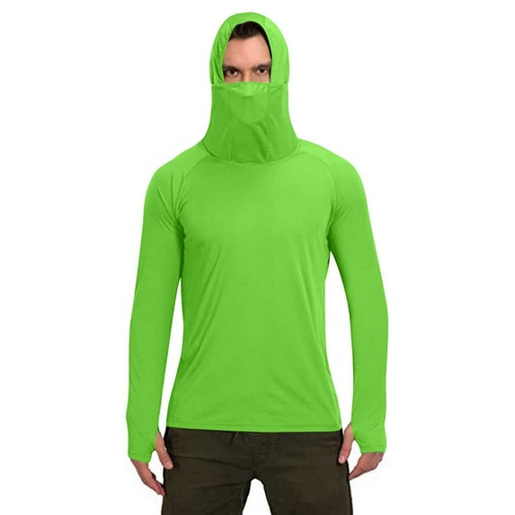 Stamzod Summer Hoodies for Men Fshion Solid Color Long Sleeve Fishing Shirts Casual Outdoor Athletic Uv Shirts for Men with Face Mask Green-1 L