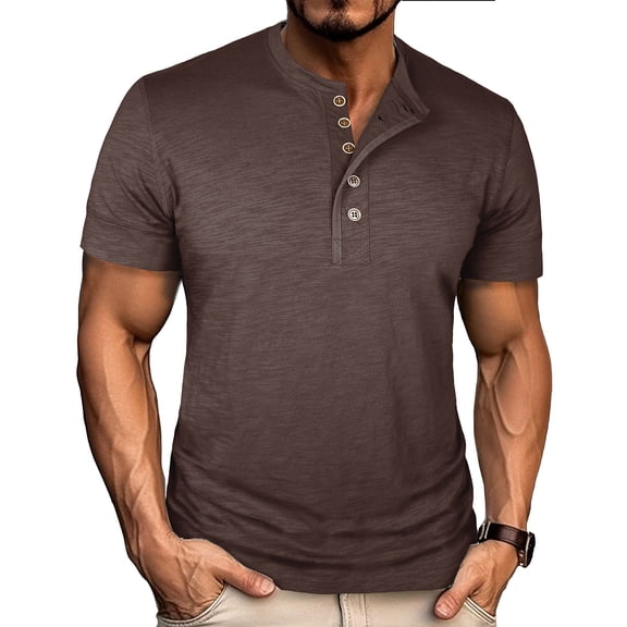 Stamzod Summer Men's Tops Plus Size Fashion Vintage Crewneck Button Tshirt Short Sleeve Casual Shirts for Men Brown XXXL