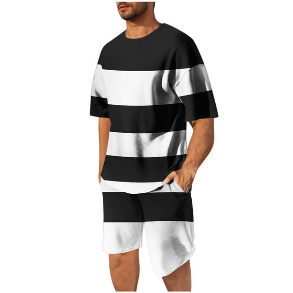 Stamzod Summer Outfits for Men Fashion Strip Printed Short Sleeve Shirts and Workout Shorts Set Plus Size Mens Track Suits 2 Piece Set Black B S