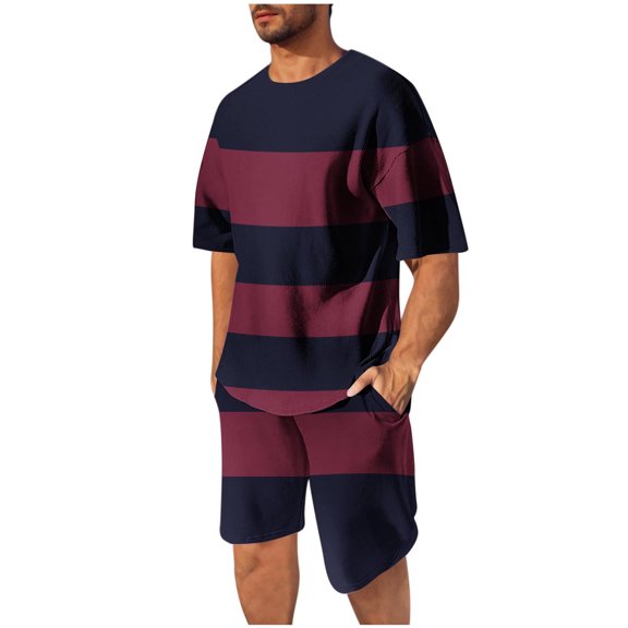 Stamzod Summer Outfits for Men Fashion Strip Printed Short Sleeve Shirts and Workout Shorts Set Plus Size Mens Track Suits 2 Piece Set Wine B M