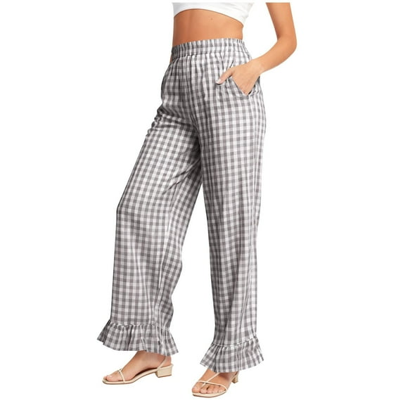 Stamzod Summer Pajama Pants Women Cute Plaid Ruffle Lounge Pants with Pocket Casual Spring Women's Sleepwear Gray M