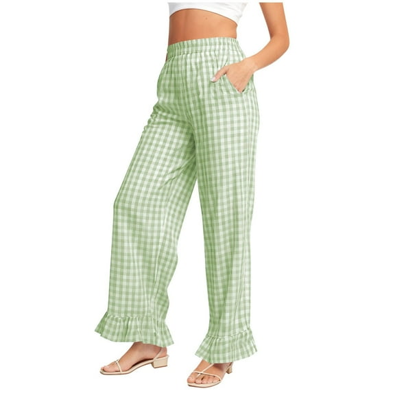 Stamzod Summer Pajama Pants Women Cute Plaid Ruffle Lounge Pants with Pocket Casual Spring Women's Sleepwear Green XXL