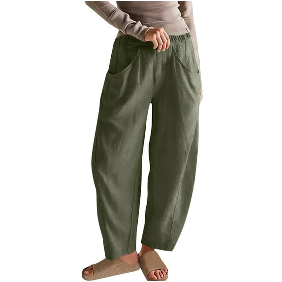 Stamzod Summer Pants for Women Fashion Solid Color Elastic Waist Full Length Pants Plus Size Cotton and Linen Slacks Casual Loose Pants for Women with Pocket Army Green L