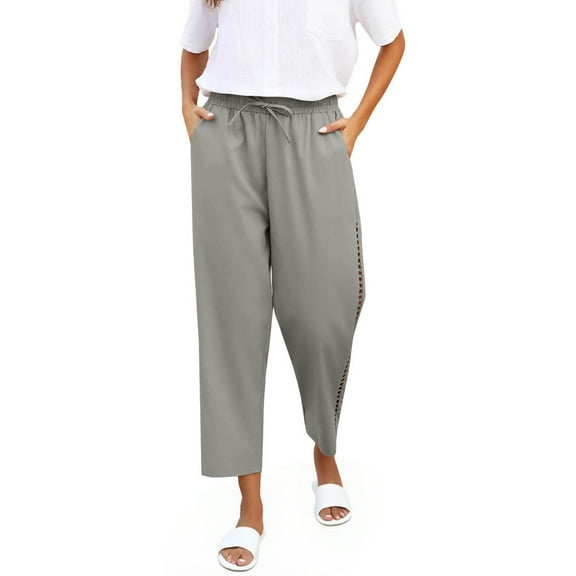 Stamzod Summer Pants for Women Fashion Solid Color Stretch Waist Vacation Beach Pants Daily Casual Straight Trousers Pants for Women with Pocket Gray C L